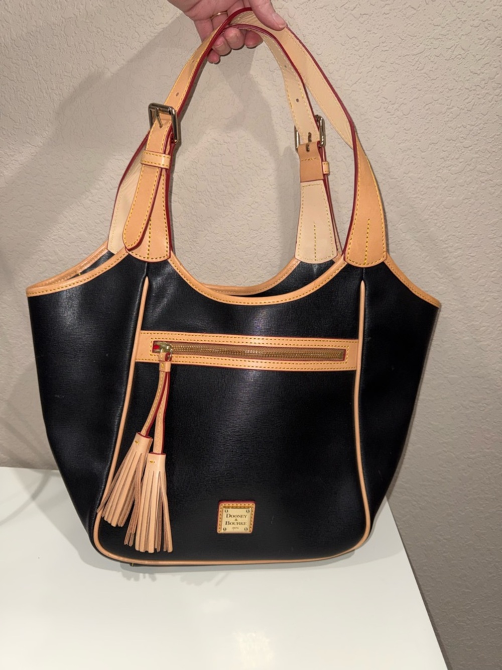 Dooney & Bourke Black Tote with Tan Trim and Tassel